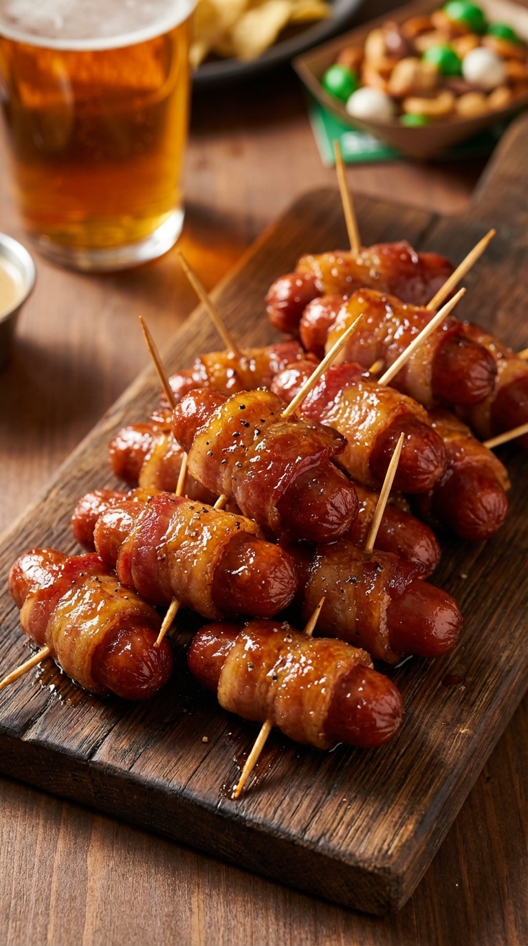 A wooden platter filled with cocktail sausages wrapped in crispy bacon, coated in a sticky brown sugar glaze, and skewered with toothpicks.