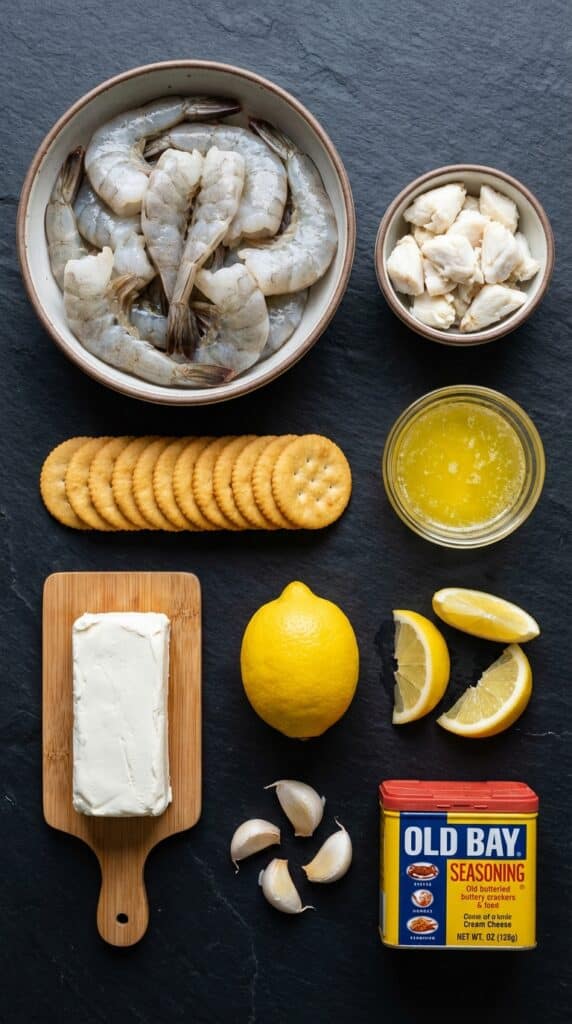 A flat lay showing raw jumbo shrimp, lump crab meat, buttery crackers, melted butter, cream cheese, lemon, and Old Bay seasoning on a dark slate board.