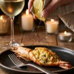 A close-up of a hand squeezing fresh lemon juice over a jumbo stuffed shrimp with a golden crab topping on a dark plate.