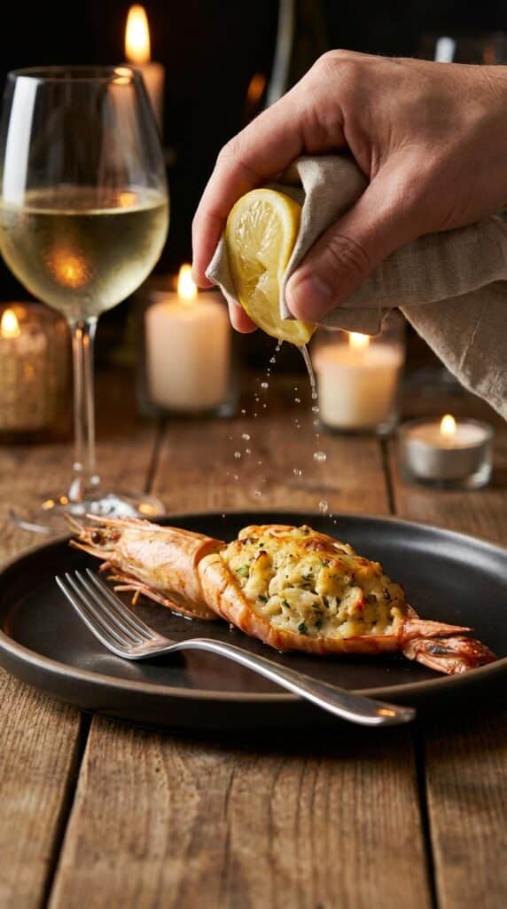 A close-up of a hand squeezing fresh lemon juice over a jumbo stuffed shrimp with a golden crab topping on a dark plate.
