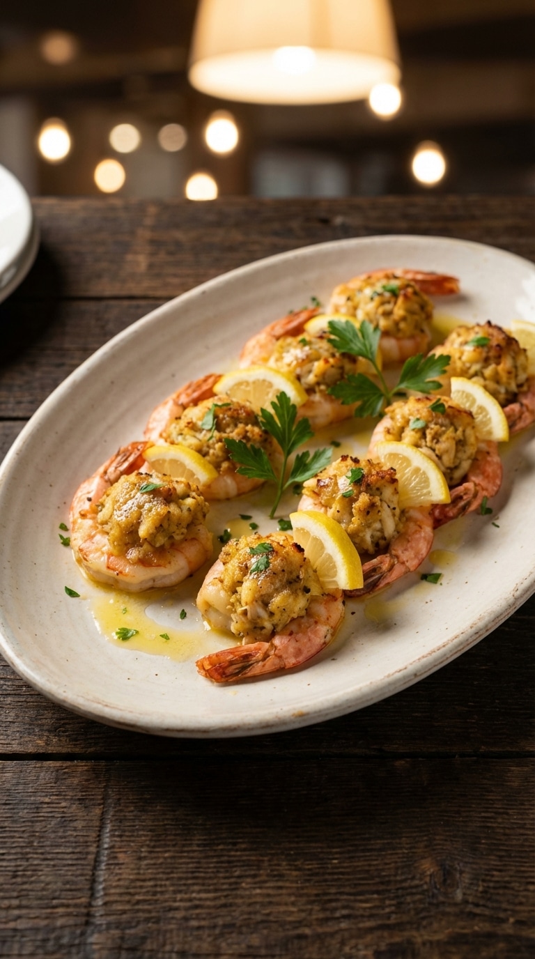 A white platter filled with large baked shrimp stuffed with golden-brown crabmeat topping, garnished with lemon wedges and parsley.