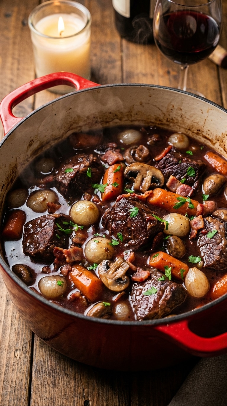 A red Dutch oven filled with hearty beef bourguignon stew, featuring carrots, mushrooms, and pearl onions in a rich red wine sauce.