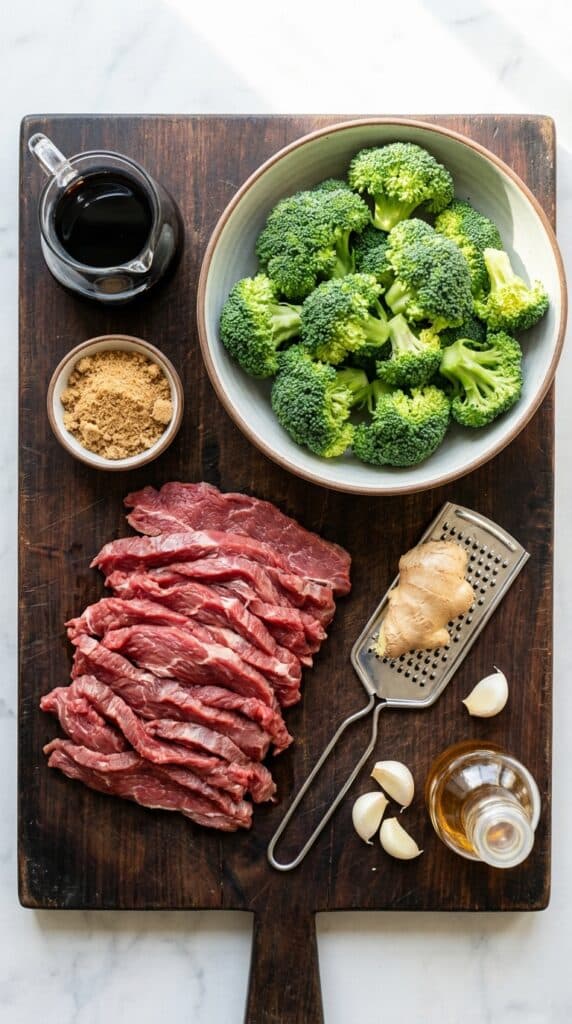 A flat lay showing raw sliced beef, fresh broccoli, soy sauce, brown sugar, garlic, fresh ginger, and sesame oil on a dark wooden board.