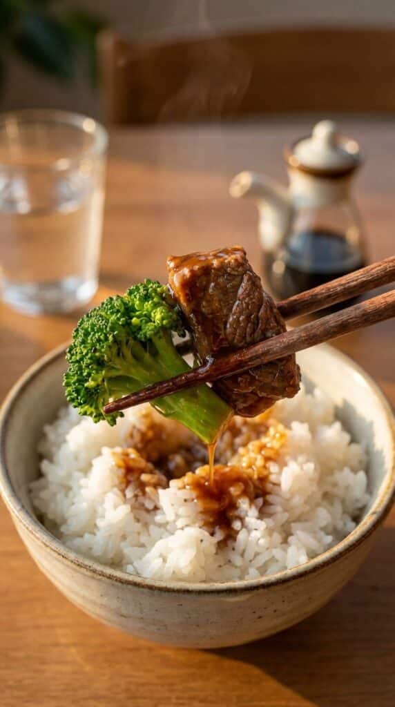 A close-up of wooden chopsticks holding a piece of saucy beef and broccoli over a bowl of white rice.