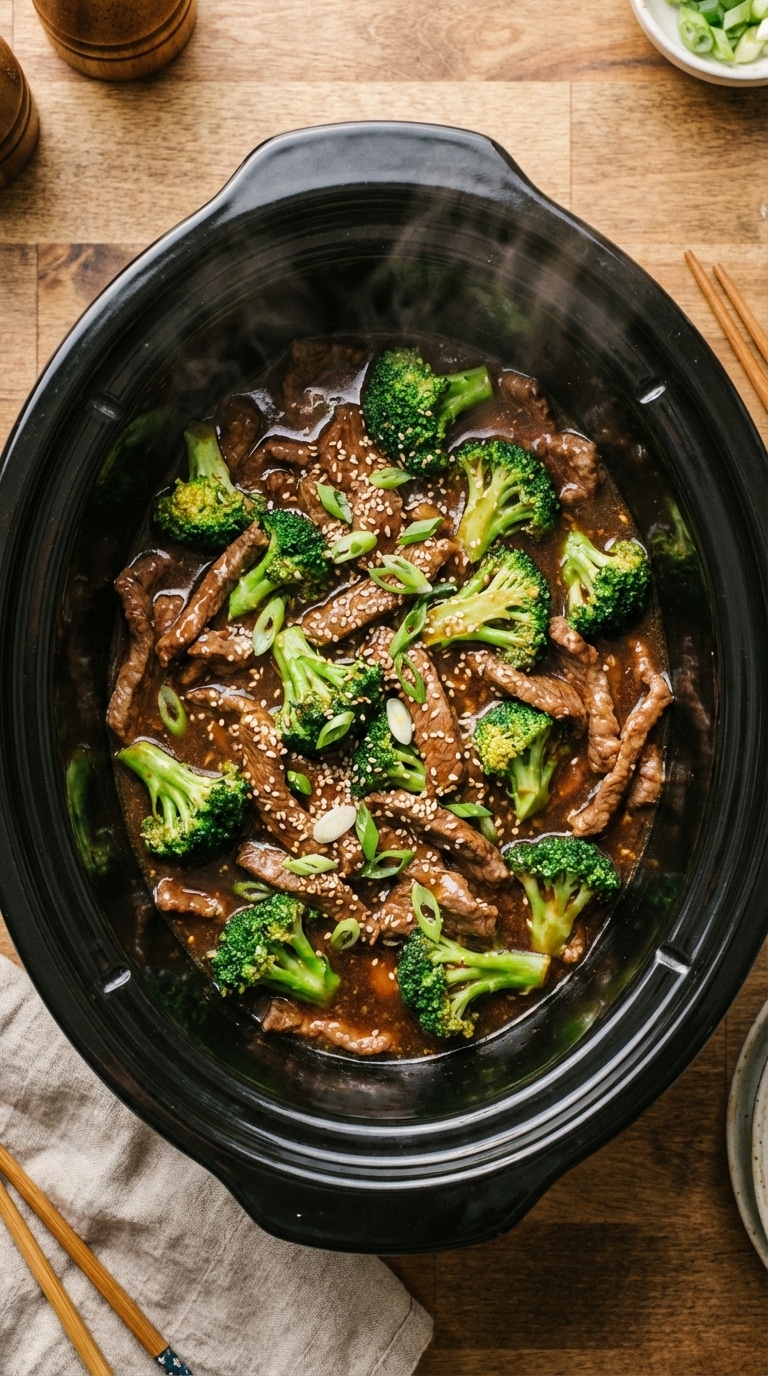 A top-down view inside a slow cooker filled with tender beef strips and bright green broccoli coated in a glossy brown sauce with sesame seeds.
