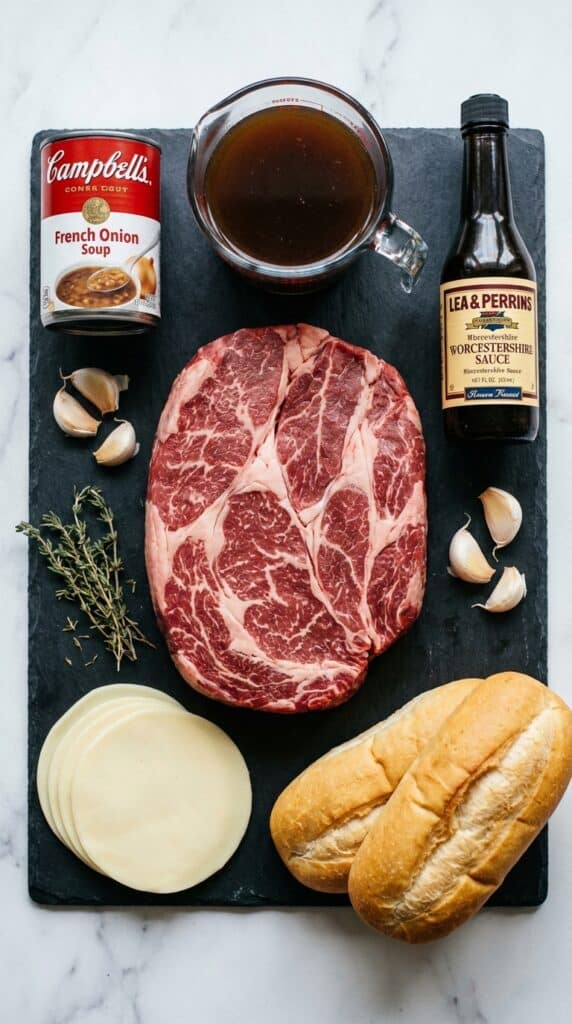 A flat lay view showing a raw chuck roast, beef broth, French onion soup, Worcestershire sauce, garlic, provolone cheese, and hoagie rolls.