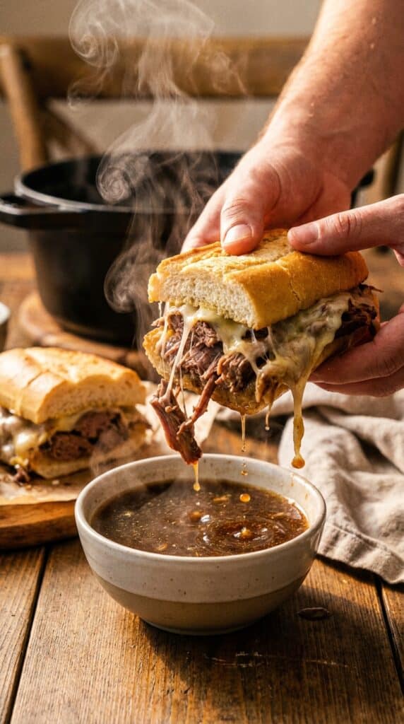 A close-up of hands dunking a cheesy beef sandwich into a bowl of dark, steaming au jus.