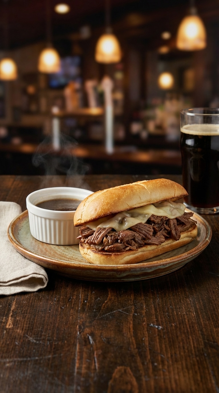A French dip sandwich with shredded beef and melted provolone cheese next to a small bowl of dark au jus broth.