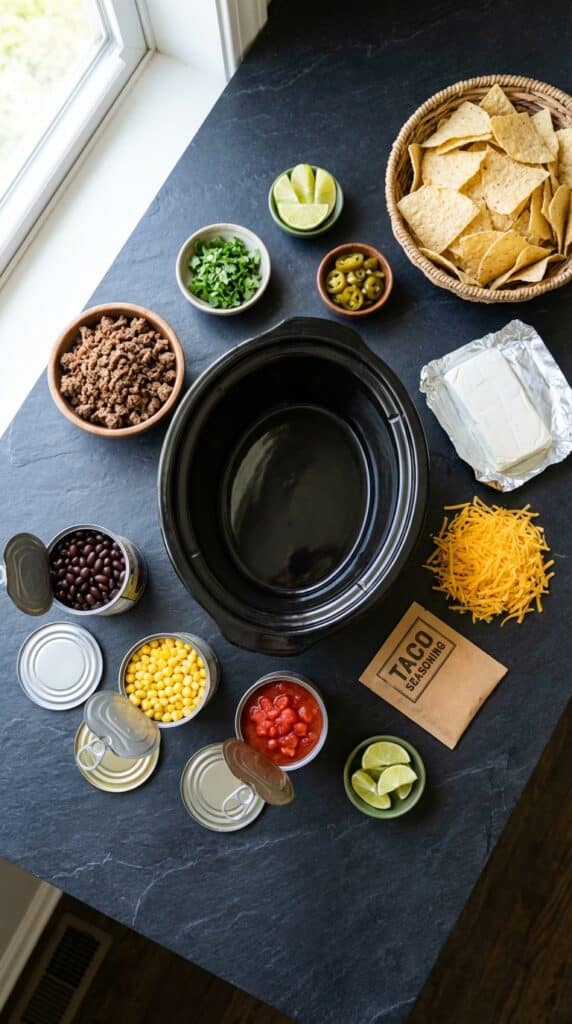 A flat lay showing a slow cooker insert surrounded by ground beef, canned black beans, corn, diced tomatoes, cream cheese, shredded cheese, taco spices, and tortilla chips.
