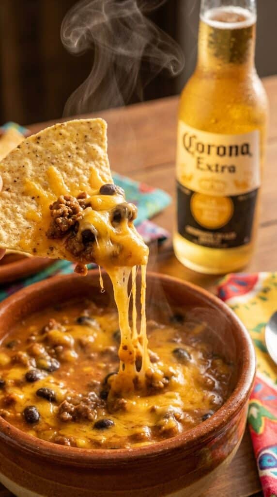 A close-up of a tortilla chip scooping up thick, cheesy nacho soup with a string of melted cheese stretching from the bowl.