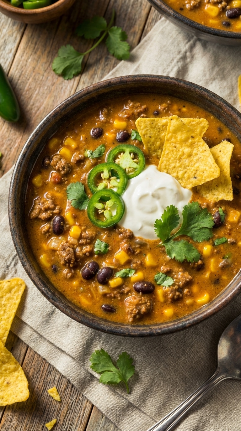 A dark ceramic bowl filled with creamy, cheesy nacho soup loaded with beef and beans, topped with sour cream, jalapeños, and tortilla chips.