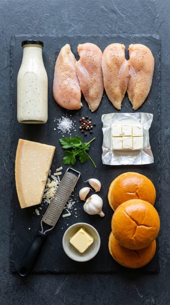 A flat lay showing raw chicken, a bottle of garlic parmesan sauce, cubed cream cheese, fresh parmesan, and brioche buns on a slate board.