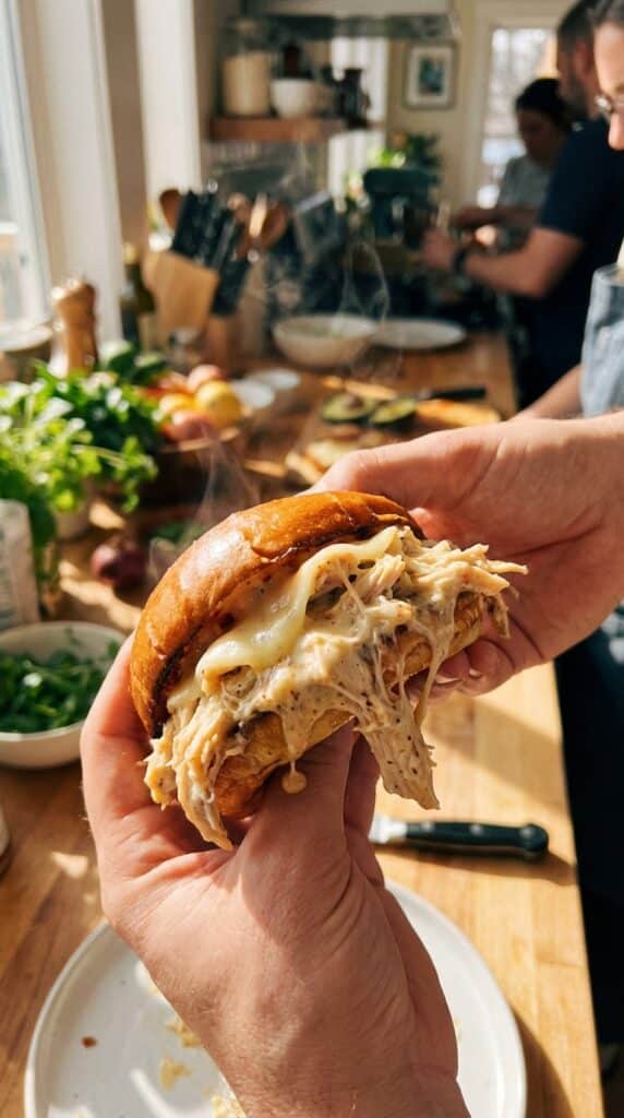 A close-up of two hands holding and slightly squeezing a messy shredded garlic parmesan chicken sandwich, with creamy sauce dripping out.