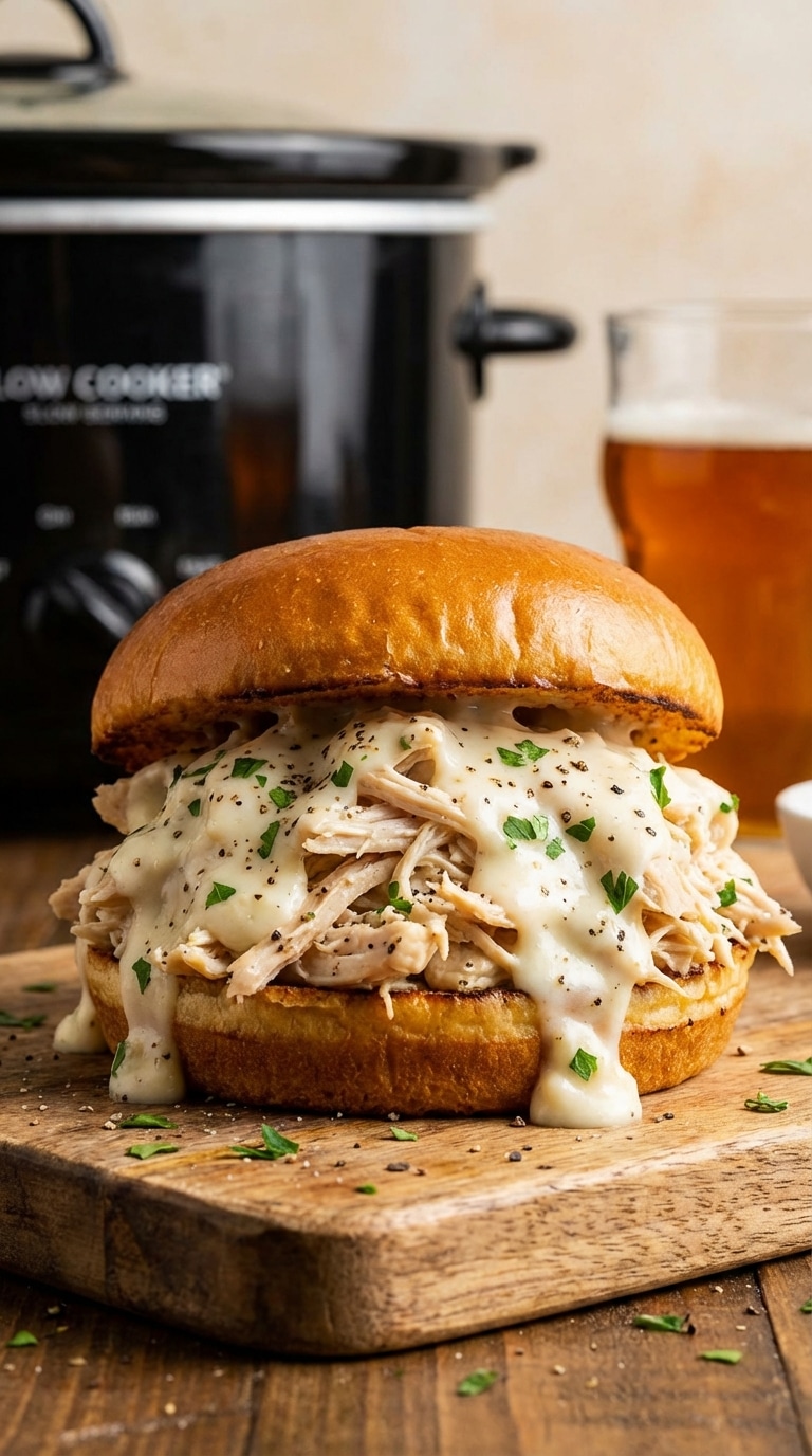 A close-up of a toasted brioche bun overstuffed with creamy, shredded garlic parmesan chicken spilling onto a wooden board.