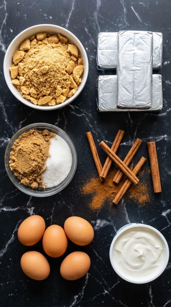 A flat lay showing crushed snickerdoodle cookies, cream cheese, sugar, cinnamon sticks, eggs, and sour cream on a dark marble board.