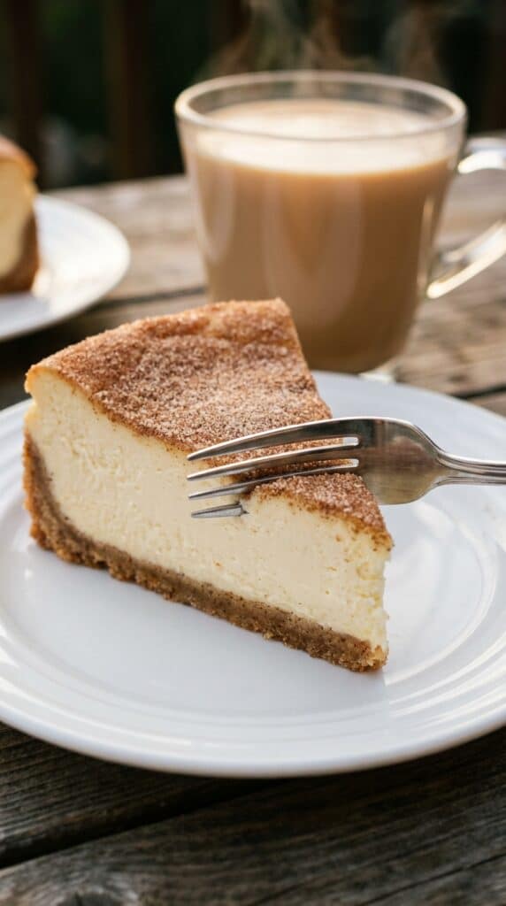 A close-up of a slice of snickerdoodle cheesecake showing a fork taking a bite from the creamy filling and thick cookie crust.