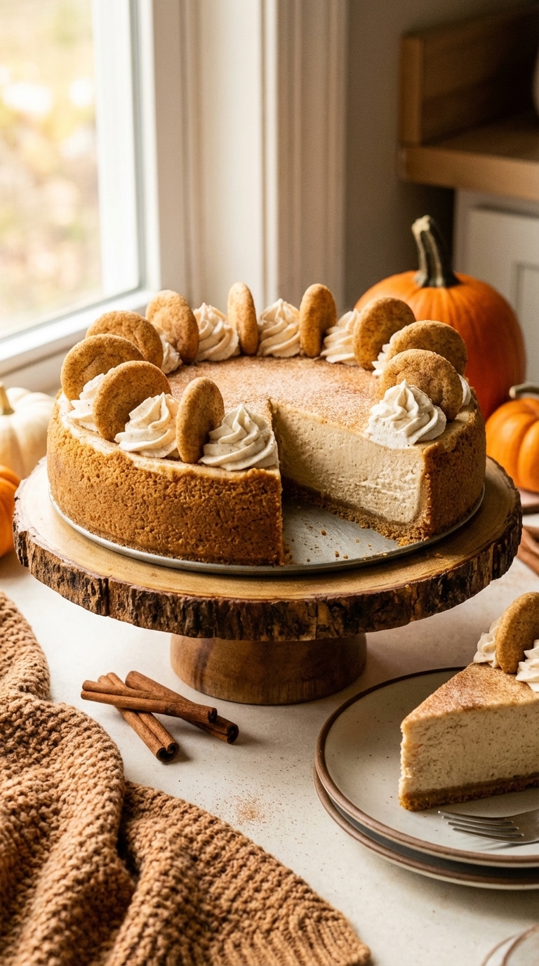 A whole snickerdoodle cheesecake dusted with cinnamon sugar, decorated with whipped cream and cookies, with one slice missing.