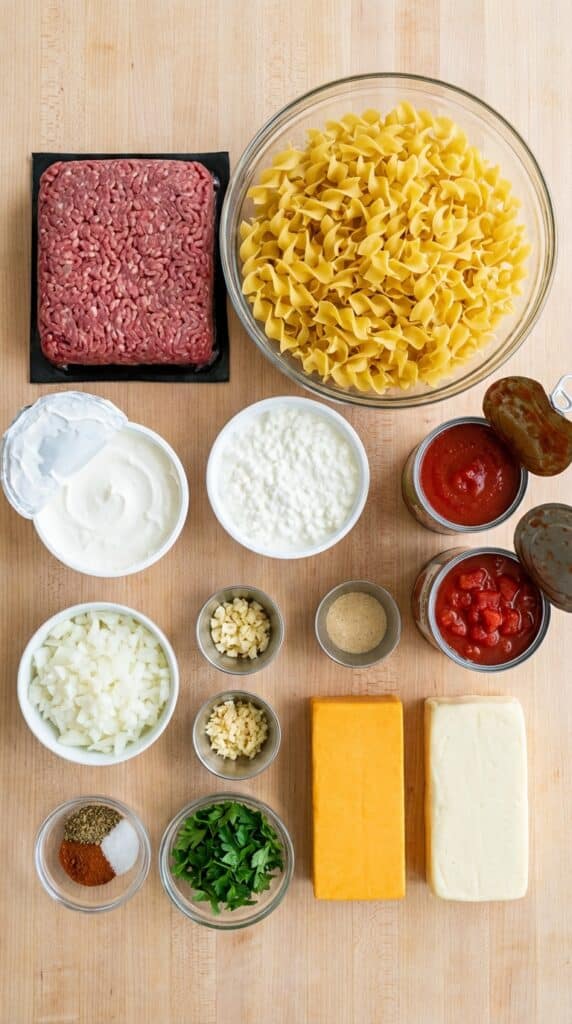 A flat lay showing ground beef, dry egg noodles, sour cream, cottage cheese, tomato cans, and blocks of cheddar and mozzarella cheese on a wooden counter.