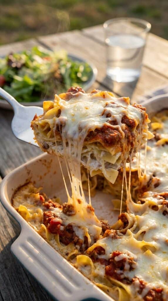 A close-up of a spatula lifting a generous, cheesy piece of beef noodle casserole out of the pan, showing layers of creamy noodles, meat sauce, and a long cheese pull.
