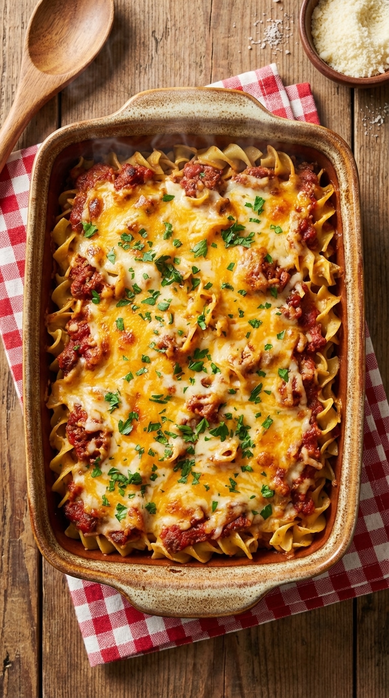A top-down view of a rectangular baking dish filled with beef noodle casserole topped with bubbling melted cheddar and mozzarella cheese and fresh parsley.