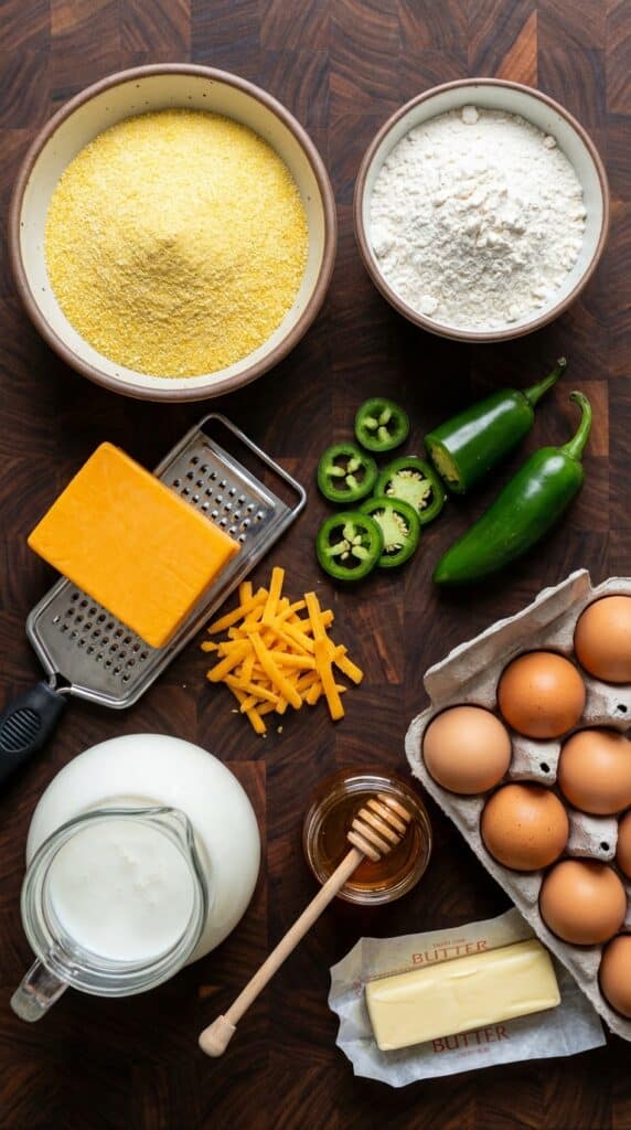 A flat lay showing yellow cornmeal, flour, buttermilk, sharp cheddar cheese, fresh jalapeños, eggs, butter, and honey on a wooden board.