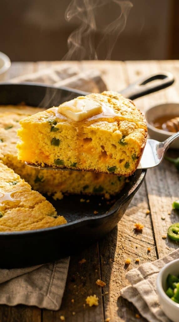 A close-up of a warm wedge of jalapeño cheddar cornbread being lifted from a skillet, with butter melting on top and a fluffy interior crumb.