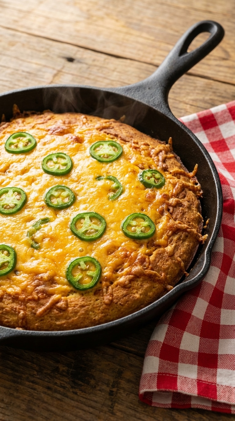 A top-down view of golden-baked jalapeño cheddar cornbread inside a cast-iron skillet, topped with melted cheese and fresh jalapeño slices.