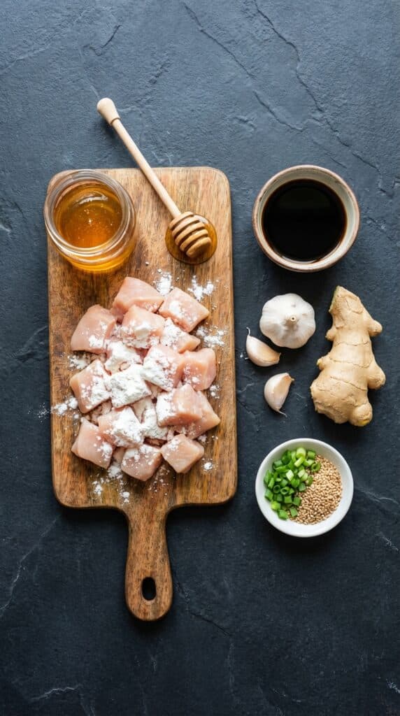 A flat lay showing raw cubed chicken, honey, soy sauce, garlic, ginger, cornstarch, and green onions on a dark slate board.