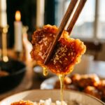 A close-up of wooden chopsticks holding a piece of glossy, sticky honey chicken dripping with sauce over a bowl of rice.