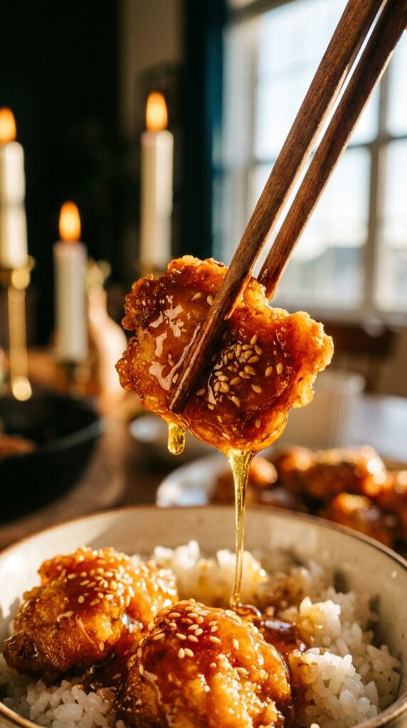 A close-up of wooden chopsticks holding a piece of glossy, sticky honey chicken dripping with sauce over a bowl of rice.