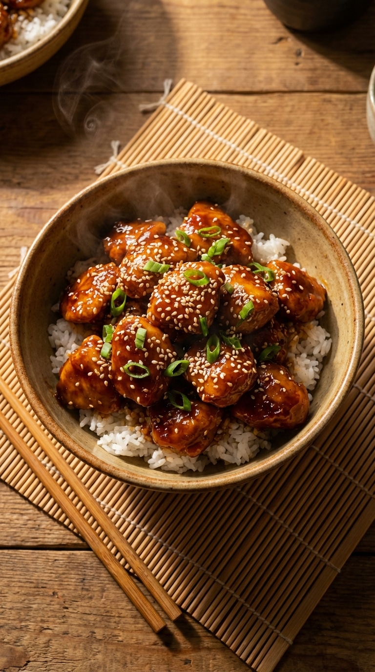 A ceramic bowl of glossy sticky honey chicken served over white rice, garnished with sesame seeds and green onions.