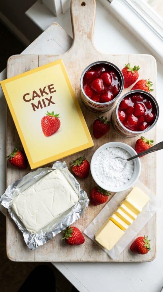 A flat lay showing a box of yellow cake mix, cans of strawberry pie filling, cream cheese, butter slices, and powdered sugar on a wooden board.