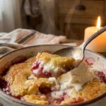 A close-up of a spoon lifting a warm bite of strawberry dump cake topped with melting vanilla ice cream.