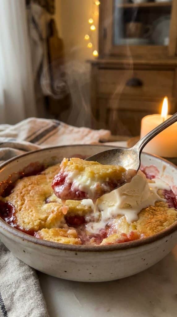 A close-up of a spoon lifting a warm bite of strawberry dump cake topped with melting vanilla ice cream.