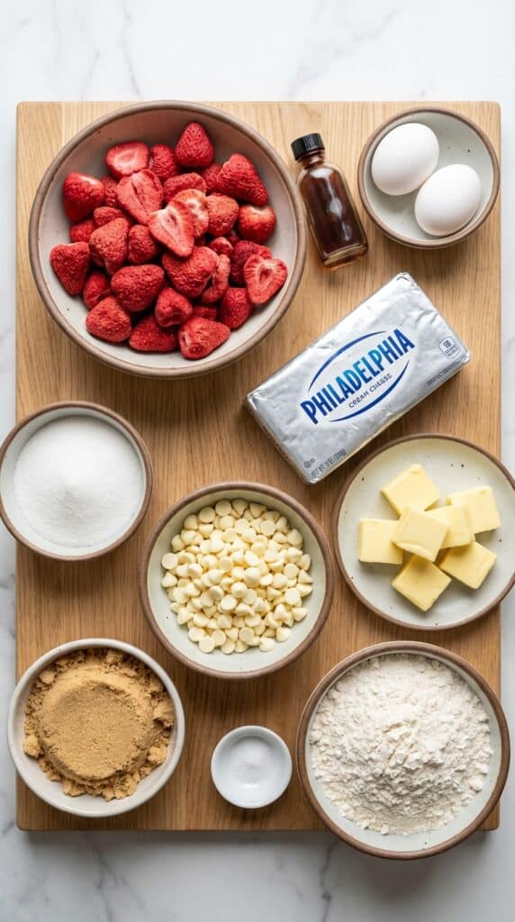 A flat lay showing freeze-dried strawberries, cream cheese, white chocolate chips, butter, flour, and sugar on a wooden board.