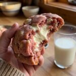 A close-up of a hand holding a large pink strawberry stuffed cookie with a bite taken out, showing the cheesecake center.