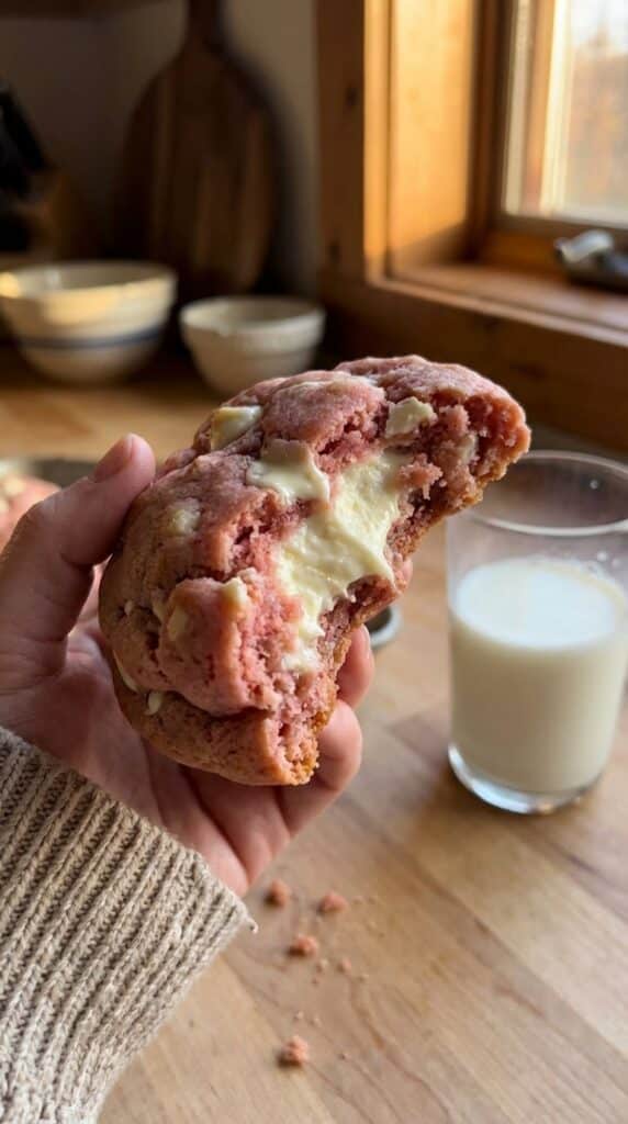 A close-up of a hand holding a large pink strawberry stuffed cookie with a bite taken out, showing the cheesecake center.