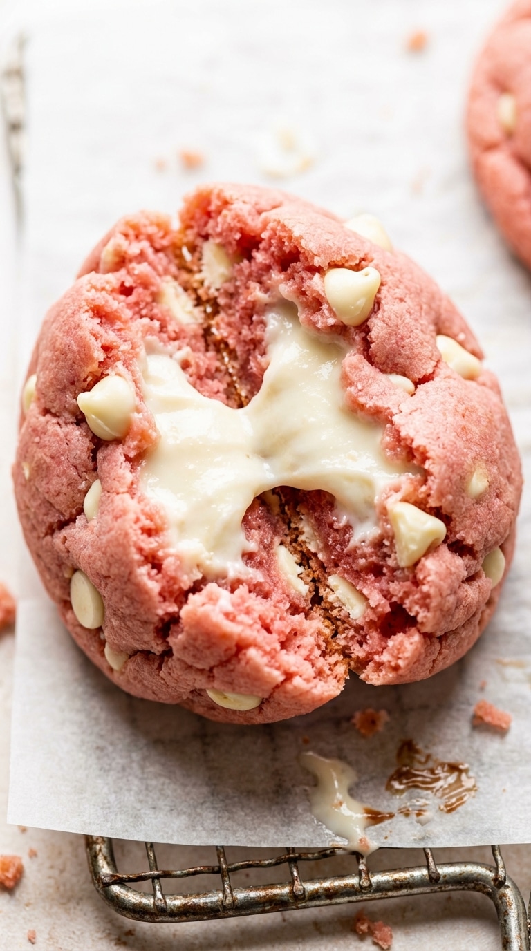 A thick pink strawberry cookie broken in half, revealing a gooey, creamy white cheesecake filling inside.