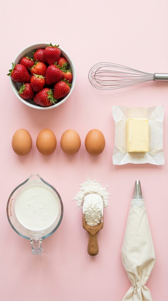 A flat lay showing fresh strawberries, eggs, butter, heavy cream, flour, and a piping bag on a pastel pink background.
