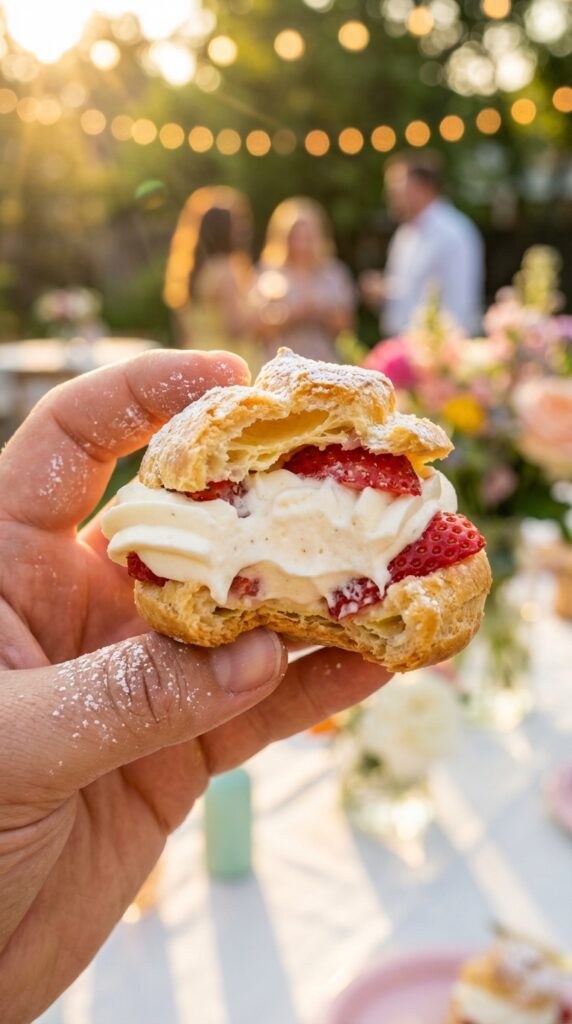 A close-up of a hand holding a strawberry cream puff with a bite taken out, revealing the hollow pastry shell filled with cream and fruit.