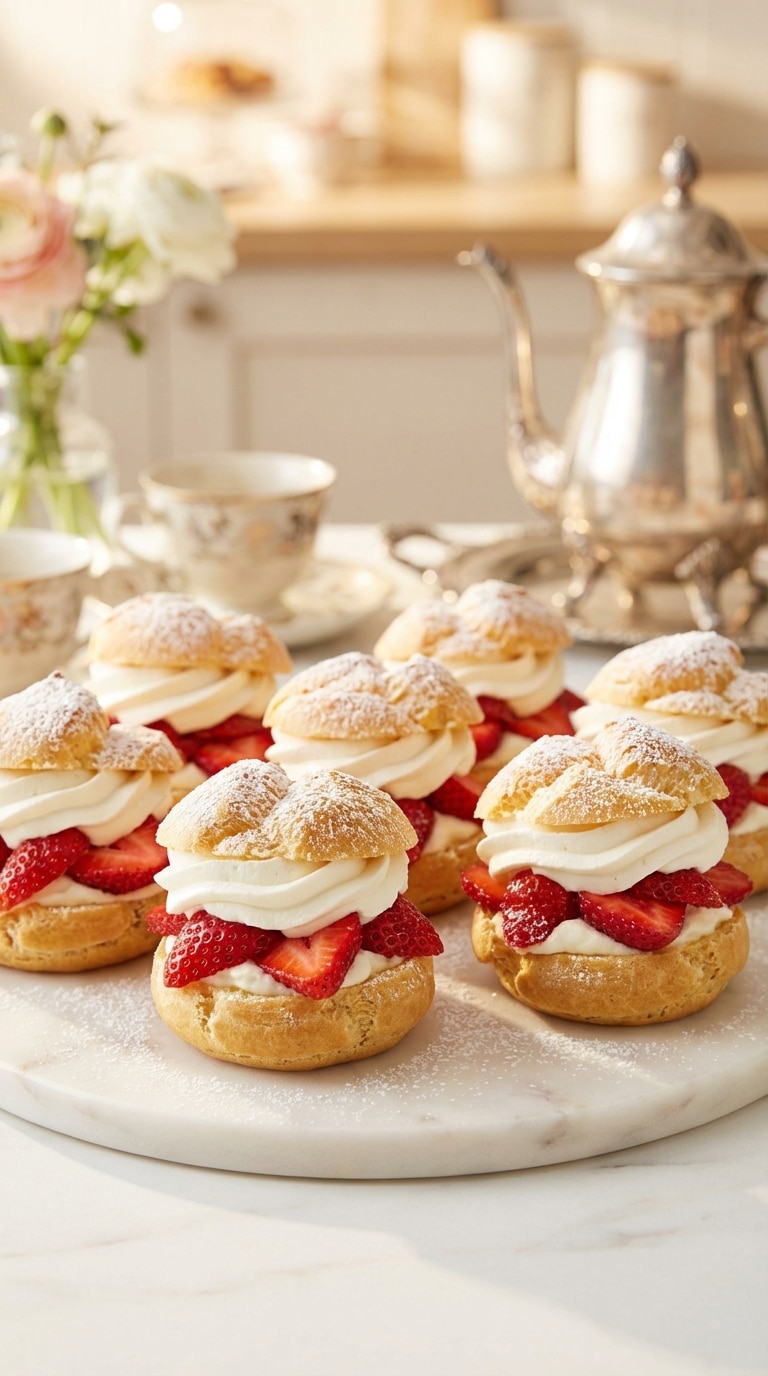 A marble board holding golden choux pastry cream puffs filled with whipped cream and sliced strawberries, dusted with powdered sugar.