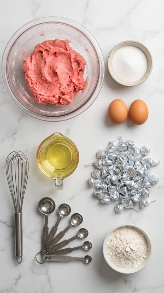 A flat lay showing a bowl of pink cookie dough, sugar, eggs, oil, and unwrapped chocolate kisses on a marble board.
