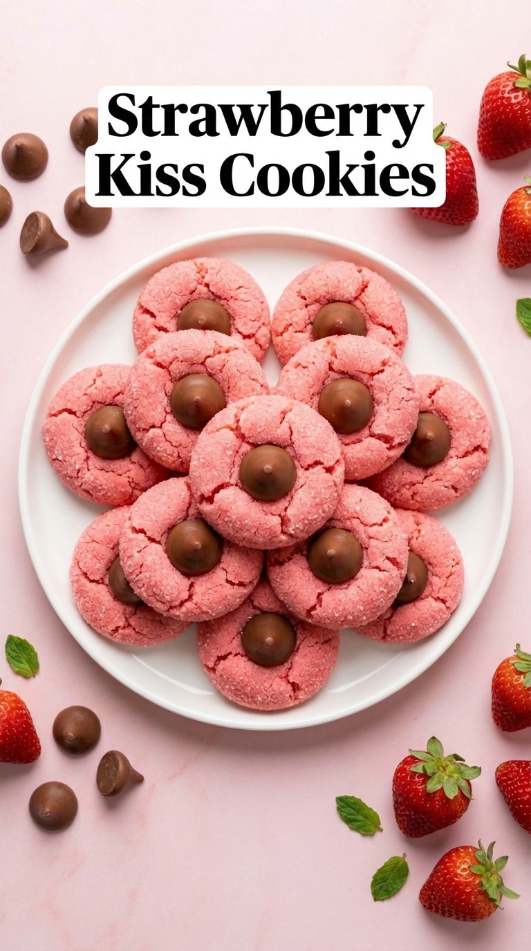 A plate filled with pink, sugar-coated strawberry cookies, each topped with a chocolate kiss in the center. Social Caption: Name a better duo