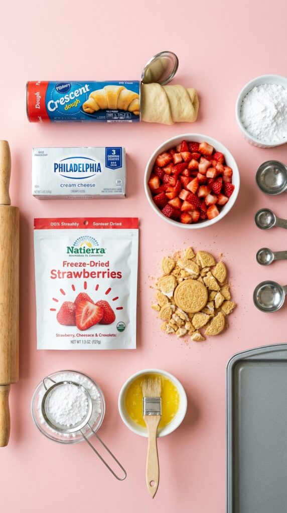 A flat lay showing crescent roll dough, cream cheese, fresh strawberries, freeze-dried strawberries, vanilla cookies, powdered sugar, and butter on a pink background.