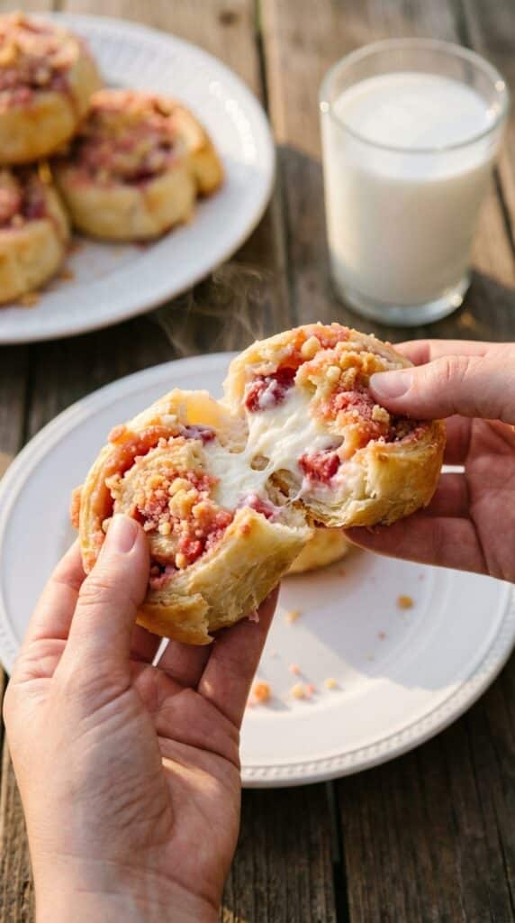 A close-up of hands pulling apart a warm pastry roll, revealing a gooey strawberry cheesecake center and a pink crumb topping.