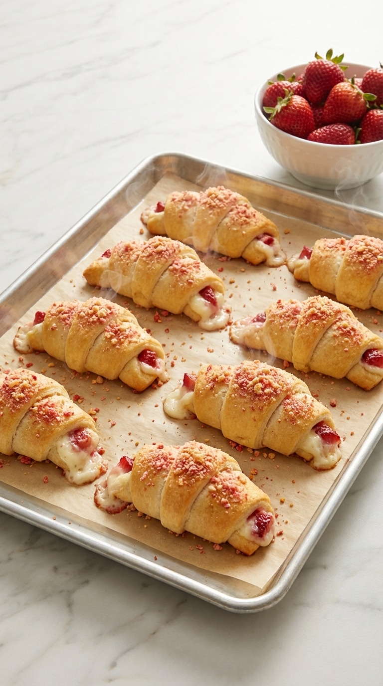 A top-down view of freshly baked crescent rolls filled with strawberry cheesecake and topped with a pink strawberry crunch crumble on a baking sheet.