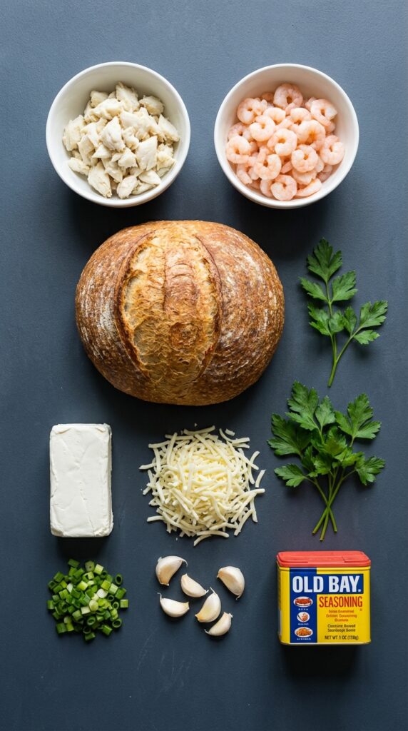 A flat lay showing a round sourdough loaf, lump crab meat, shrimp, cream cheese, shredded cheese, herbs, and Old Bay seasoning on a slate board.