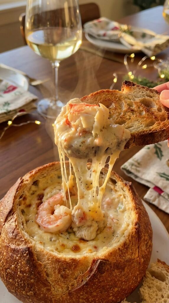 A close-up of a toasted piece of bread scooping hot, cheesy crab and shrimp dip out of a bread bowl, creating a stringy cheese pull.