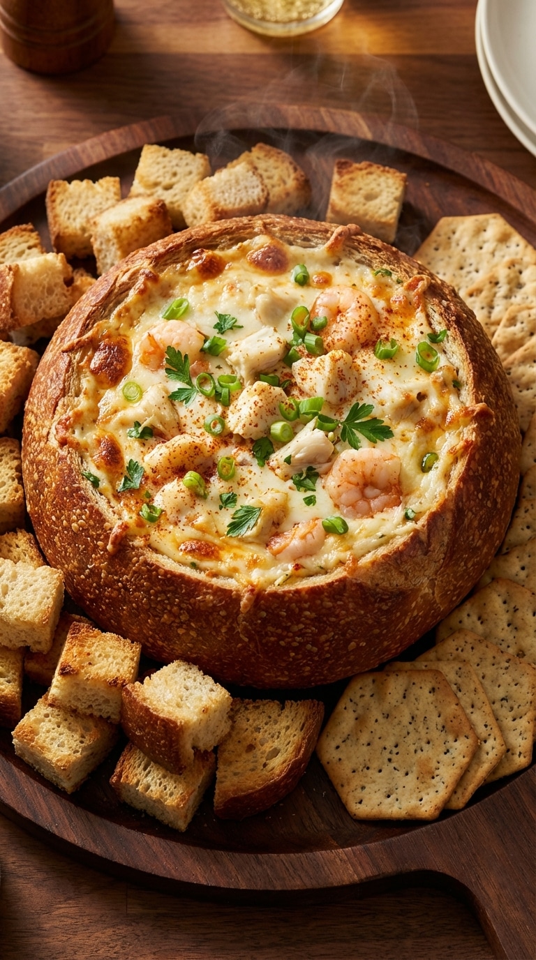 A top-down view of a crusty sourdough bread loaf hollowed out and filled with bubbling, cheesy crab and shrimp dip, surrounded by toasted bread cubes.