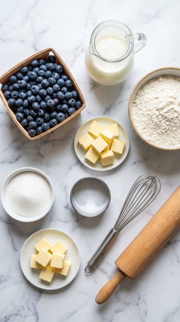 A close-up of hands pulling apart a warm blueberry biscuit, showing the flaky interior layers and juicy baked berries.